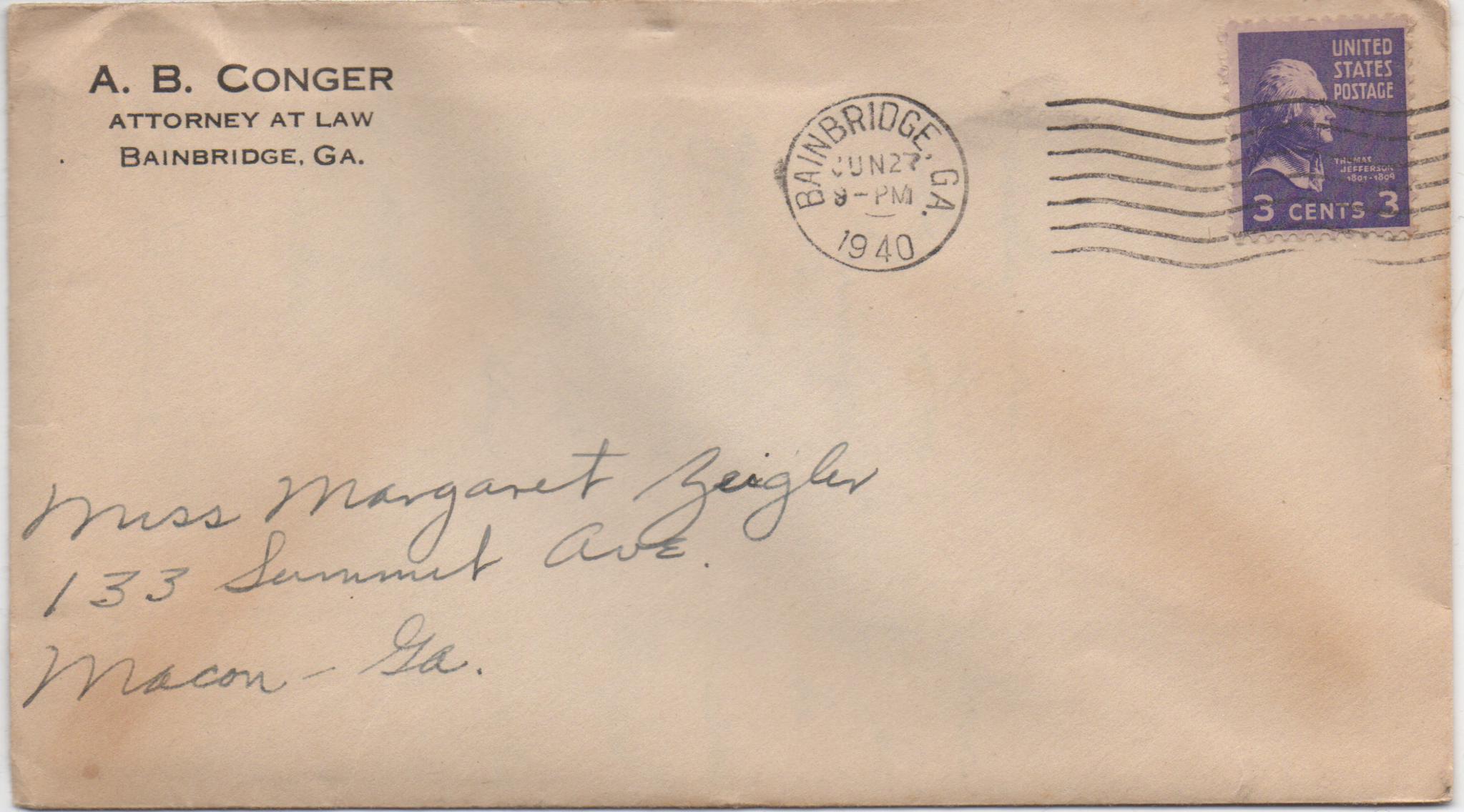 June 27, 1940: Front of envelope