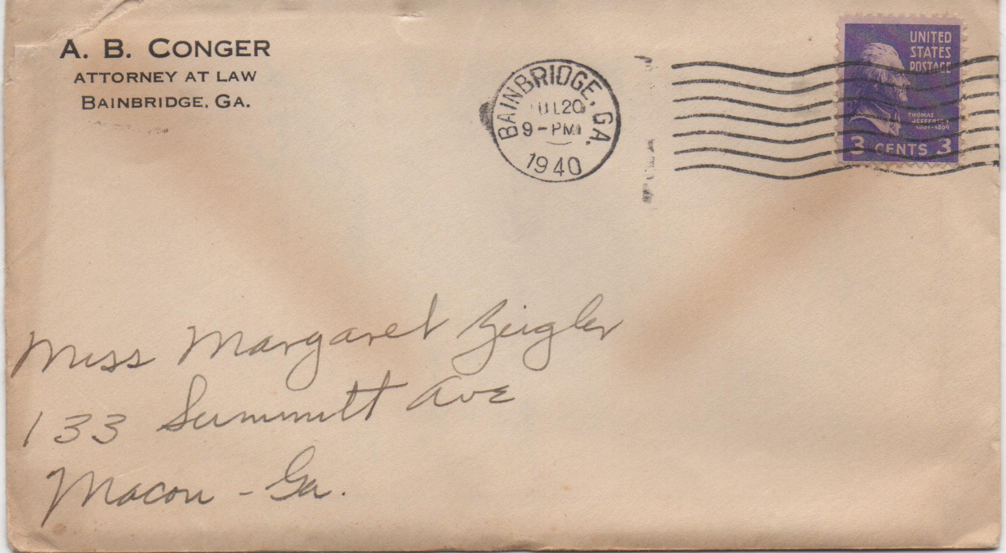 July 20, 1940: Front of envelope