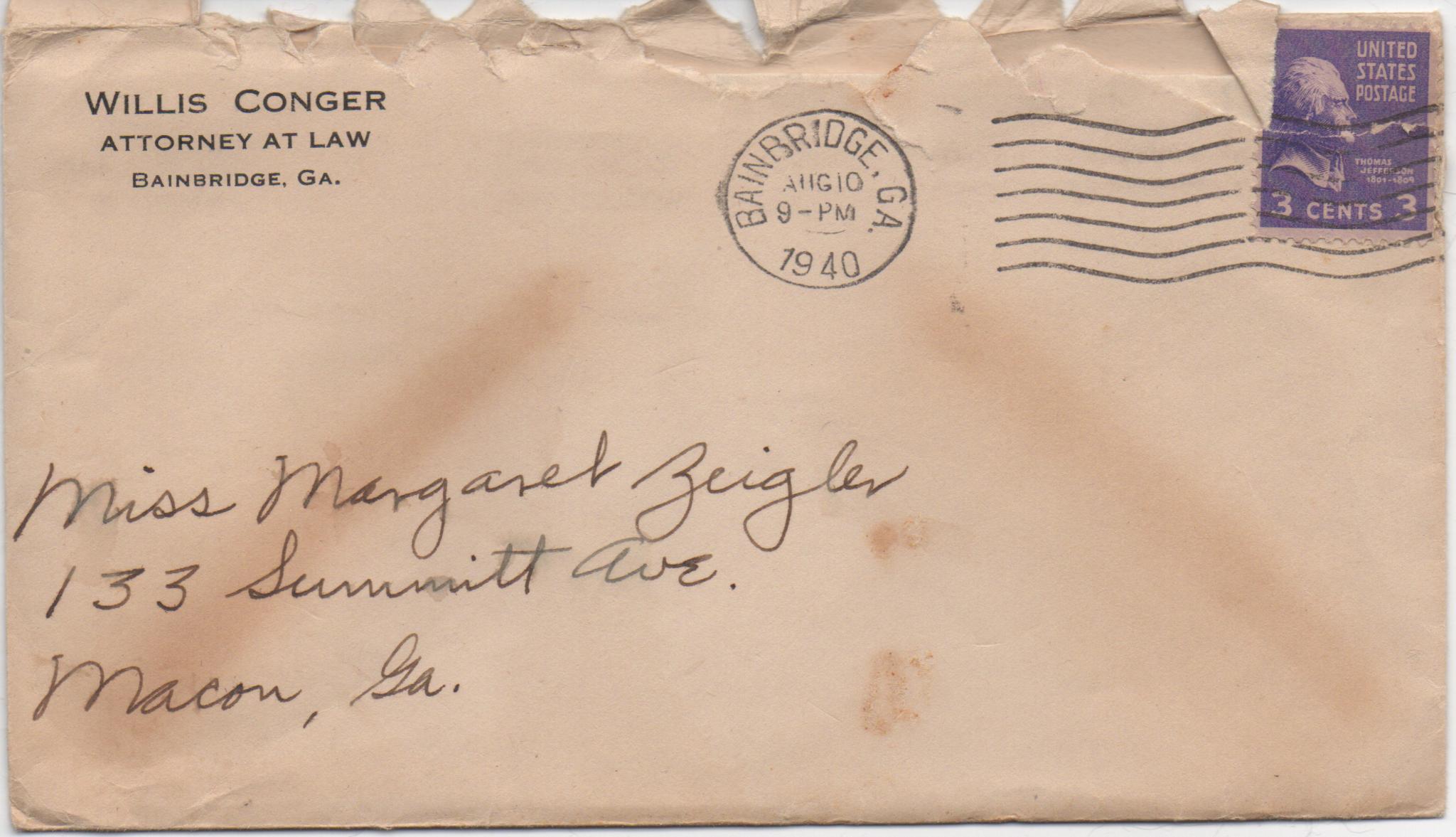 August 10, 1940: Front of envelope