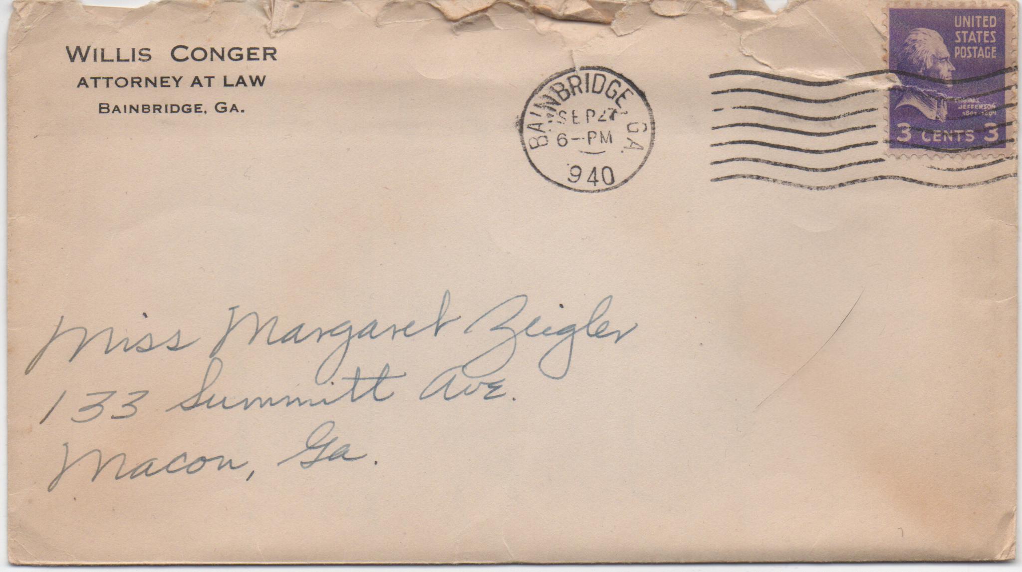 September 27, 1940: Front of envelope