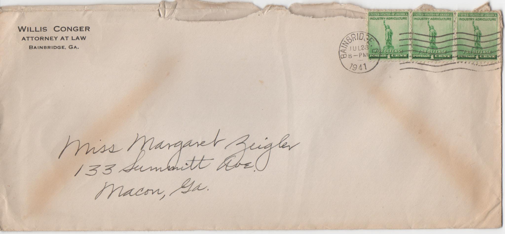 July 28, 1941: Front of envelope