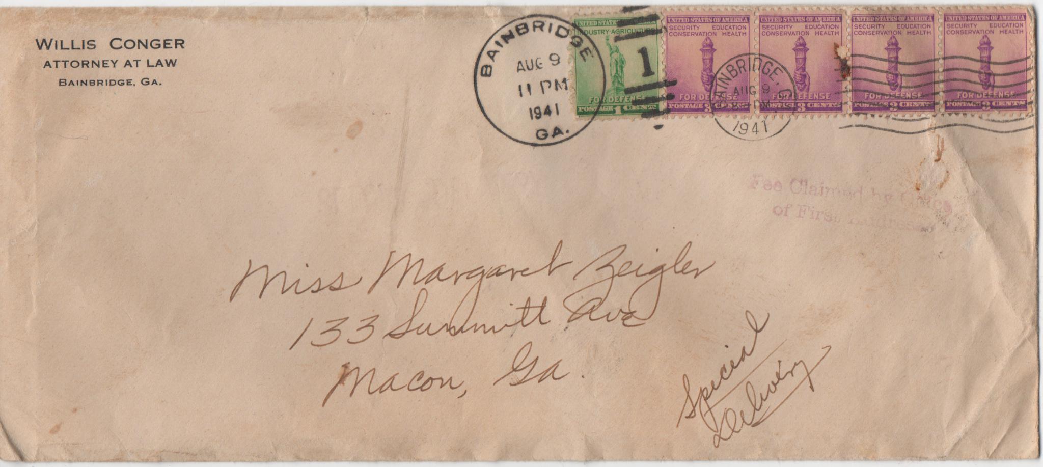 August 9, 1941: Front of envelope