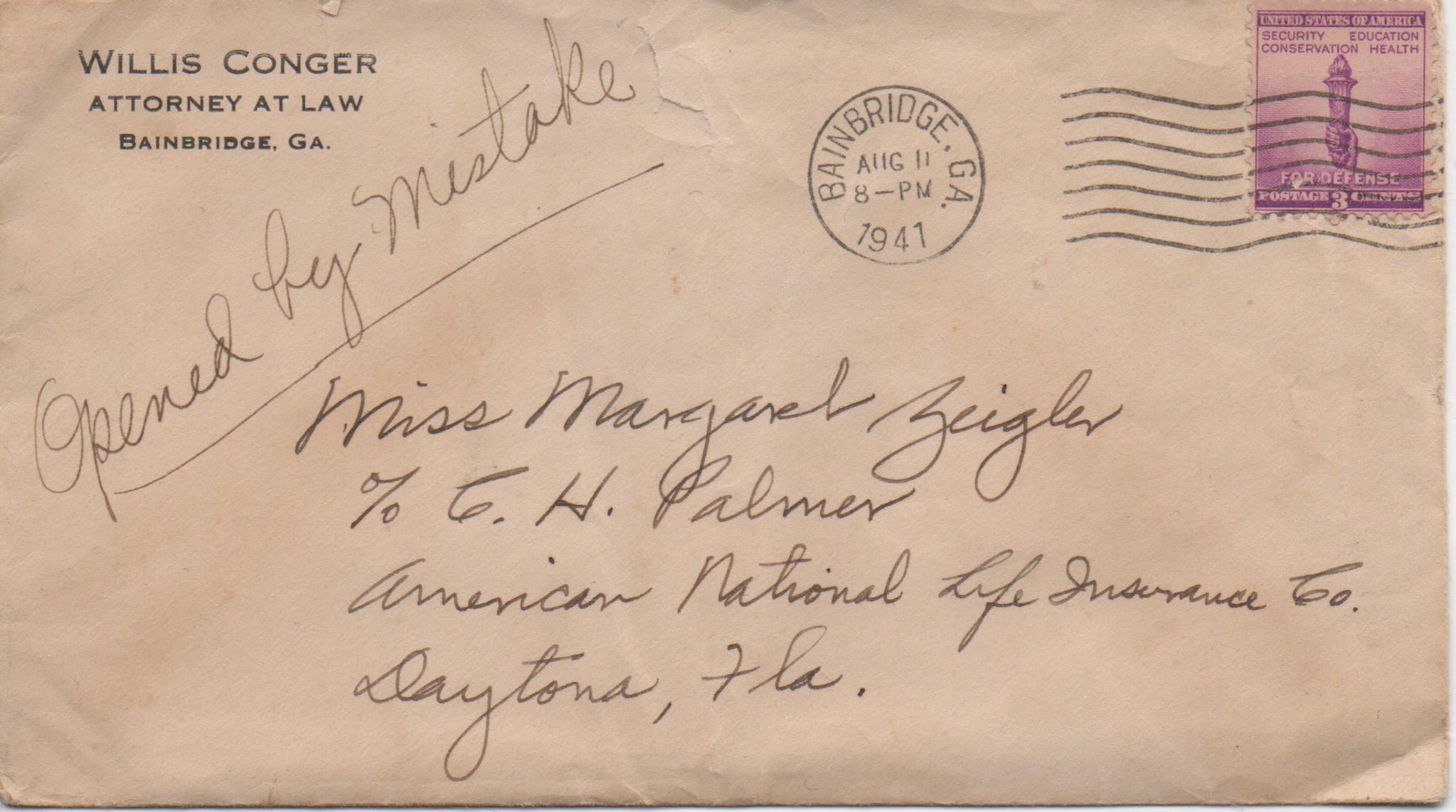 August 11, 1941: Front of envelope