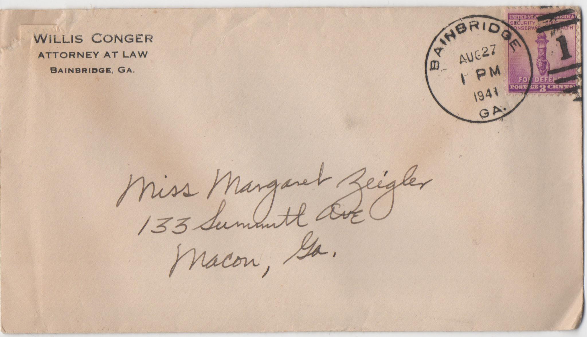 August 27, 1941: Front of envelope