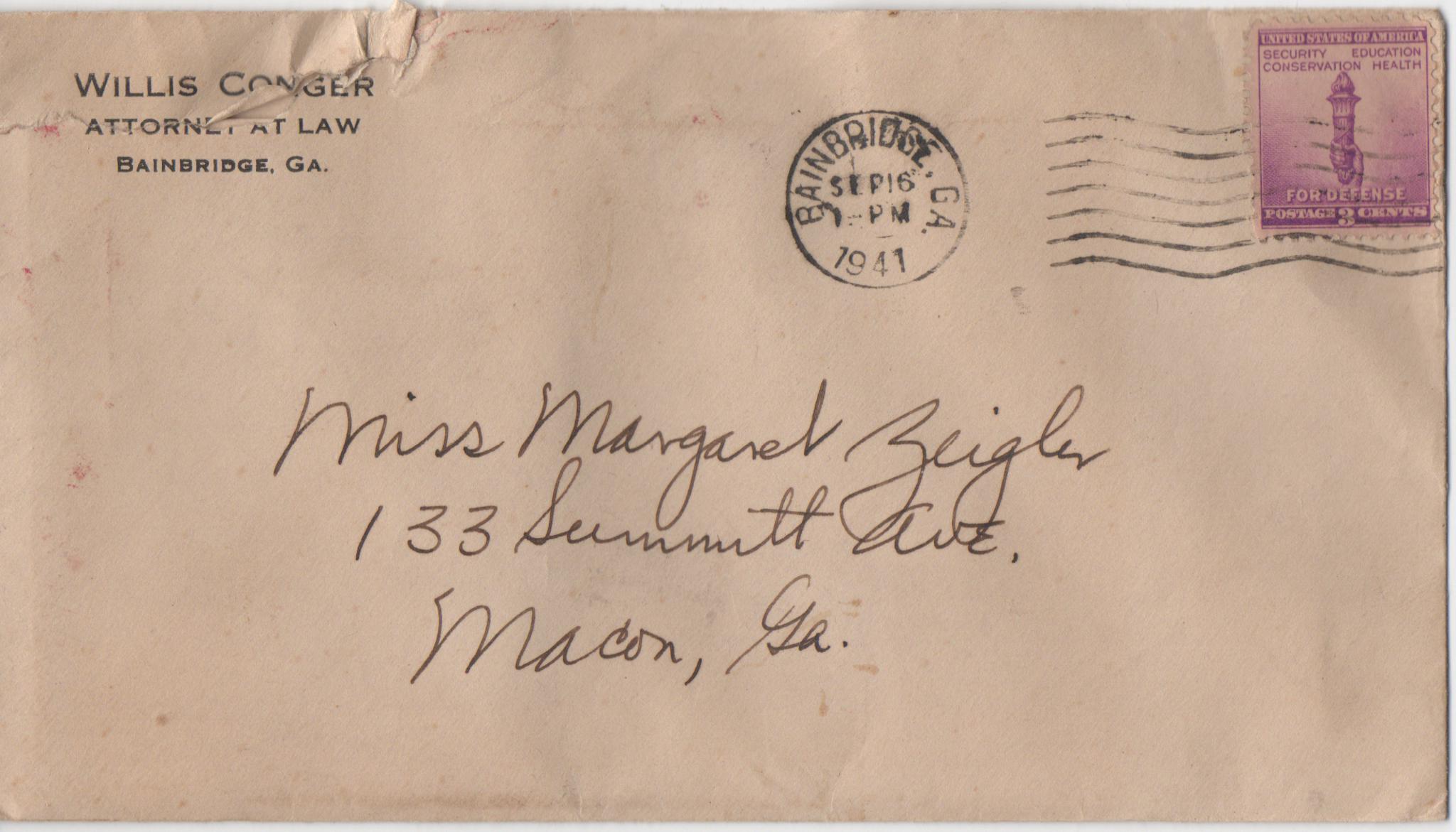 September 16, 1941: Front of envelope