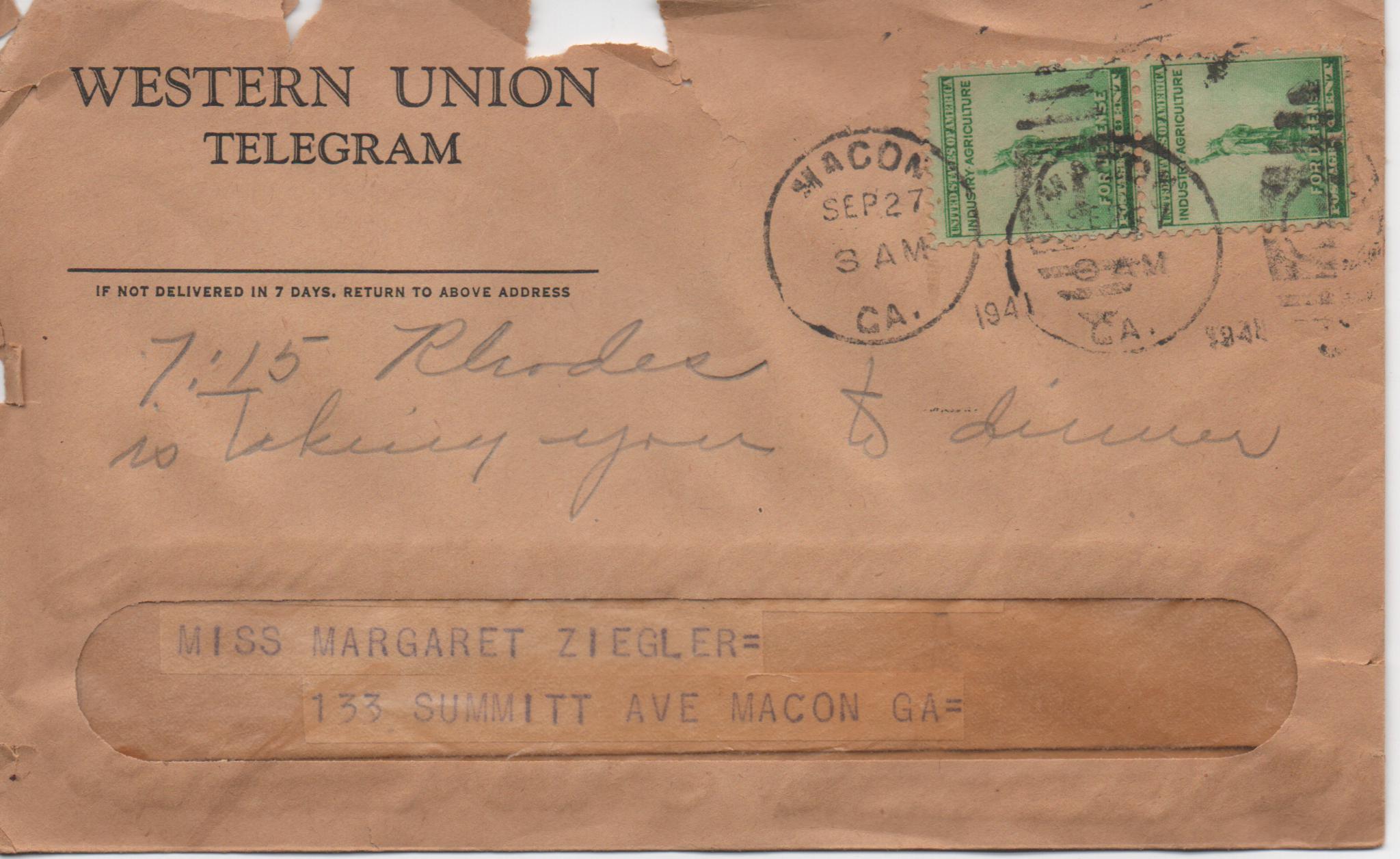 September 25, 1941: Front of envelope