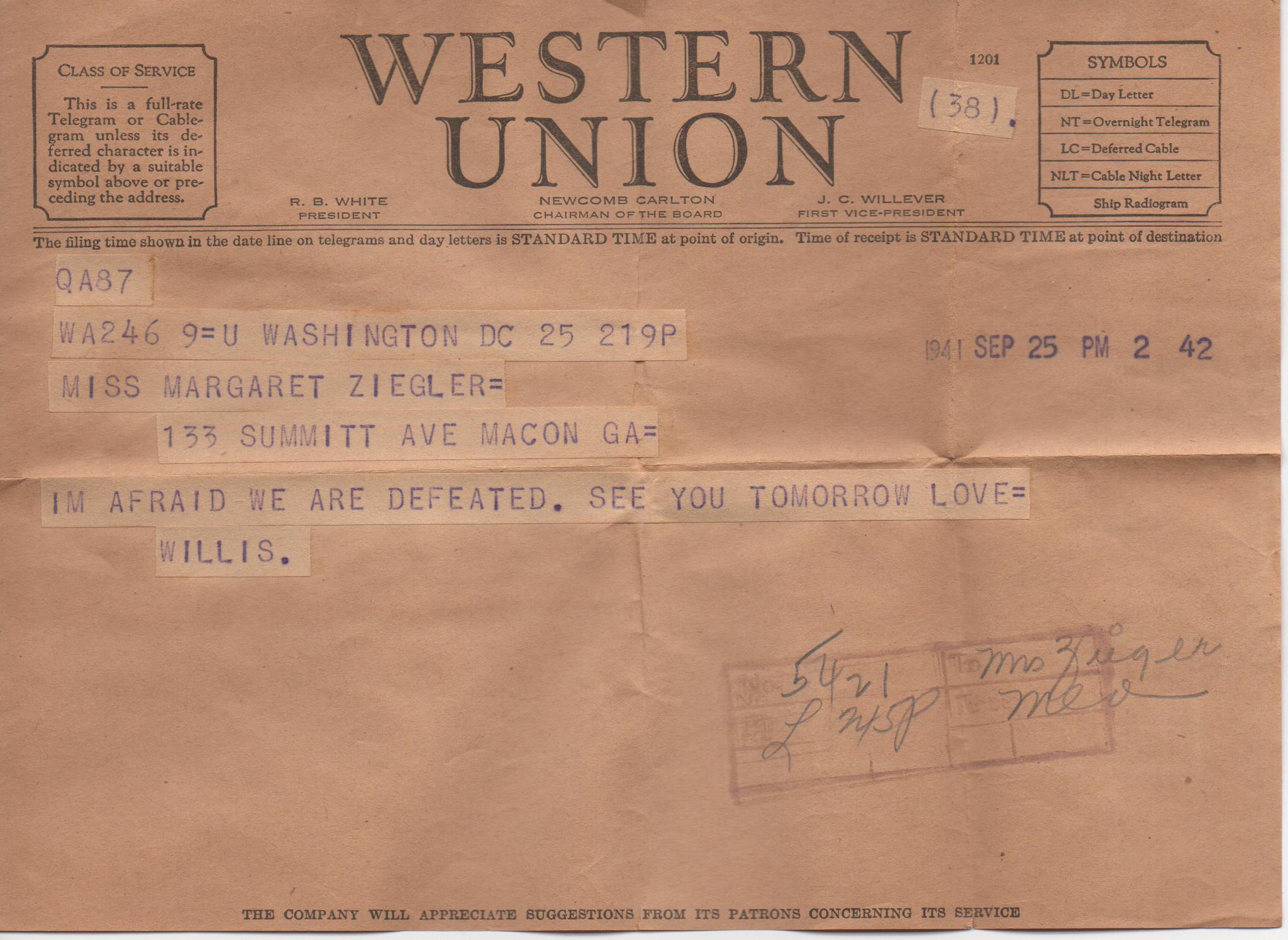 September 25, 1941: Front of letter