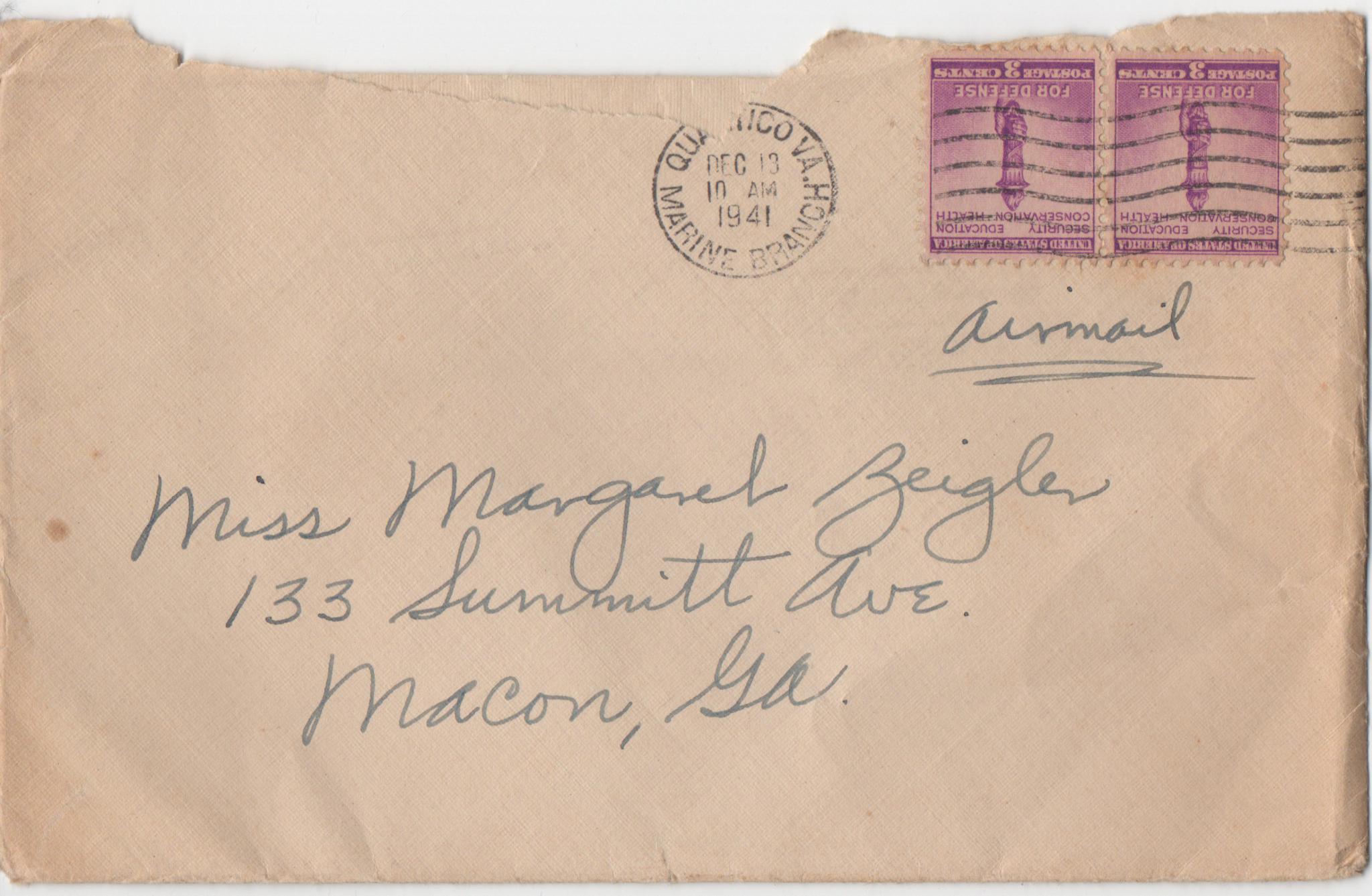 December 13, 1941: Front of envelope