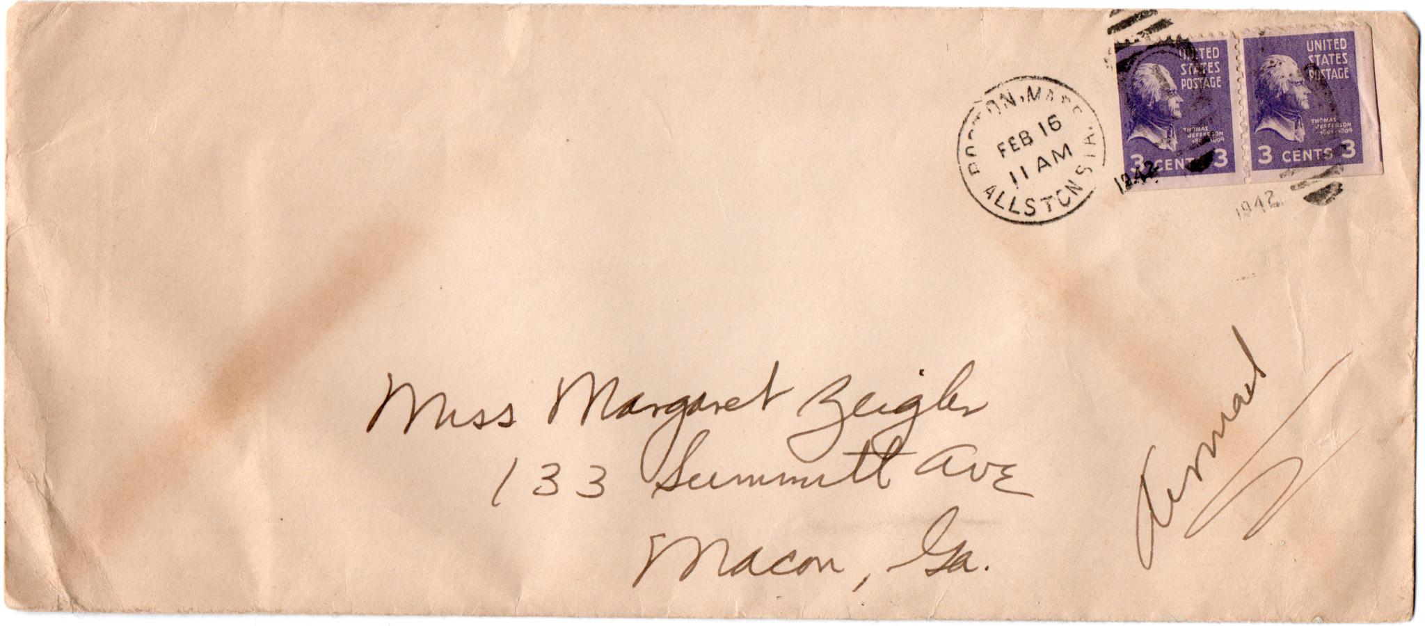 February 16, 1942: Front of envelope