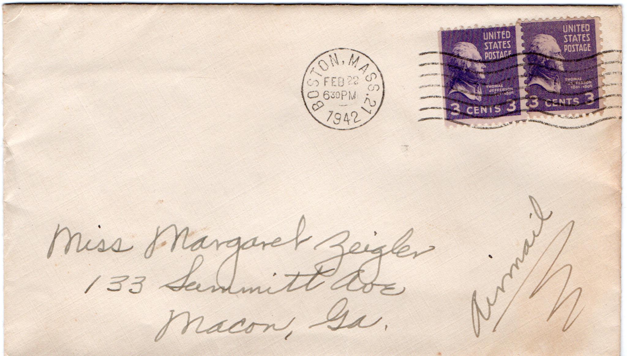 February 22, 1942: Front of envelope