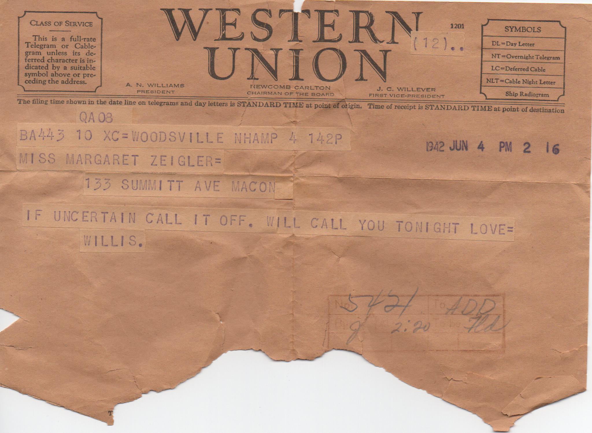 June 4, 1942: Front of letter