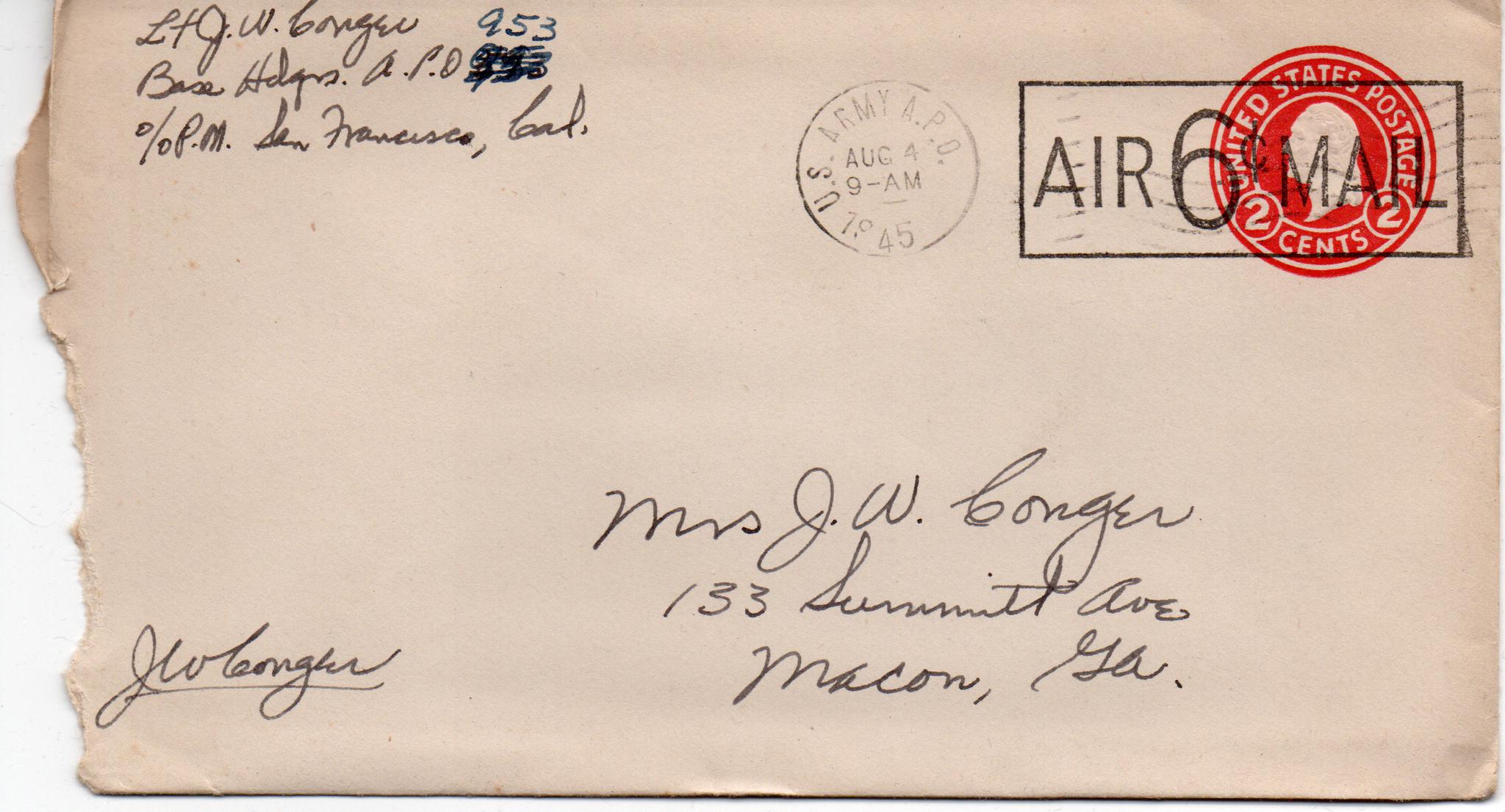 August 3, 1945: Front of envelope