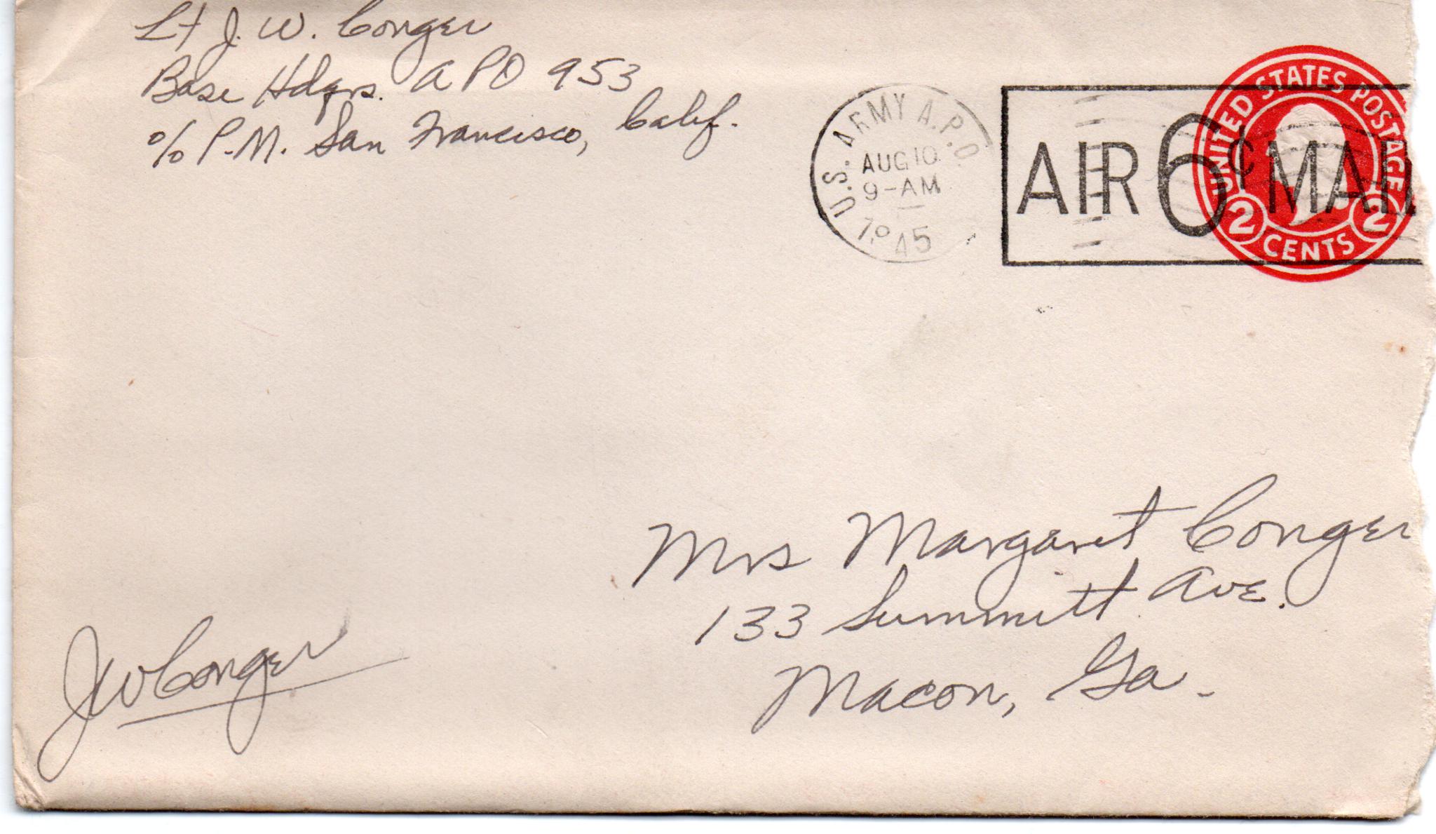 August 9, 1945: Front of envelope