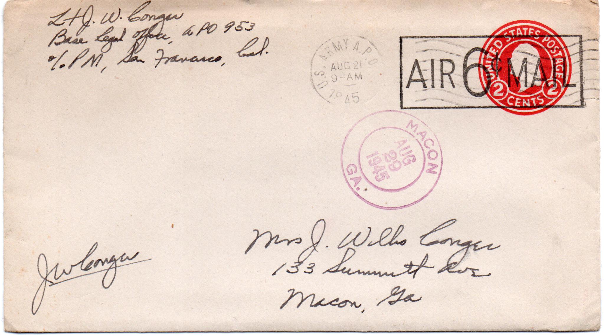 August 20, 1945: Front of envelope