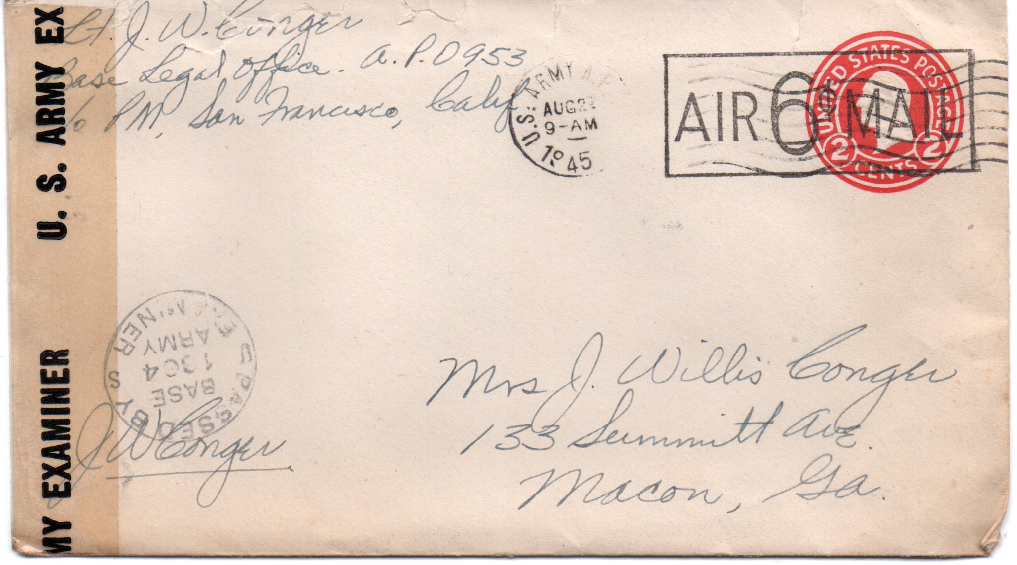 August 25, 1945: Front of envelope