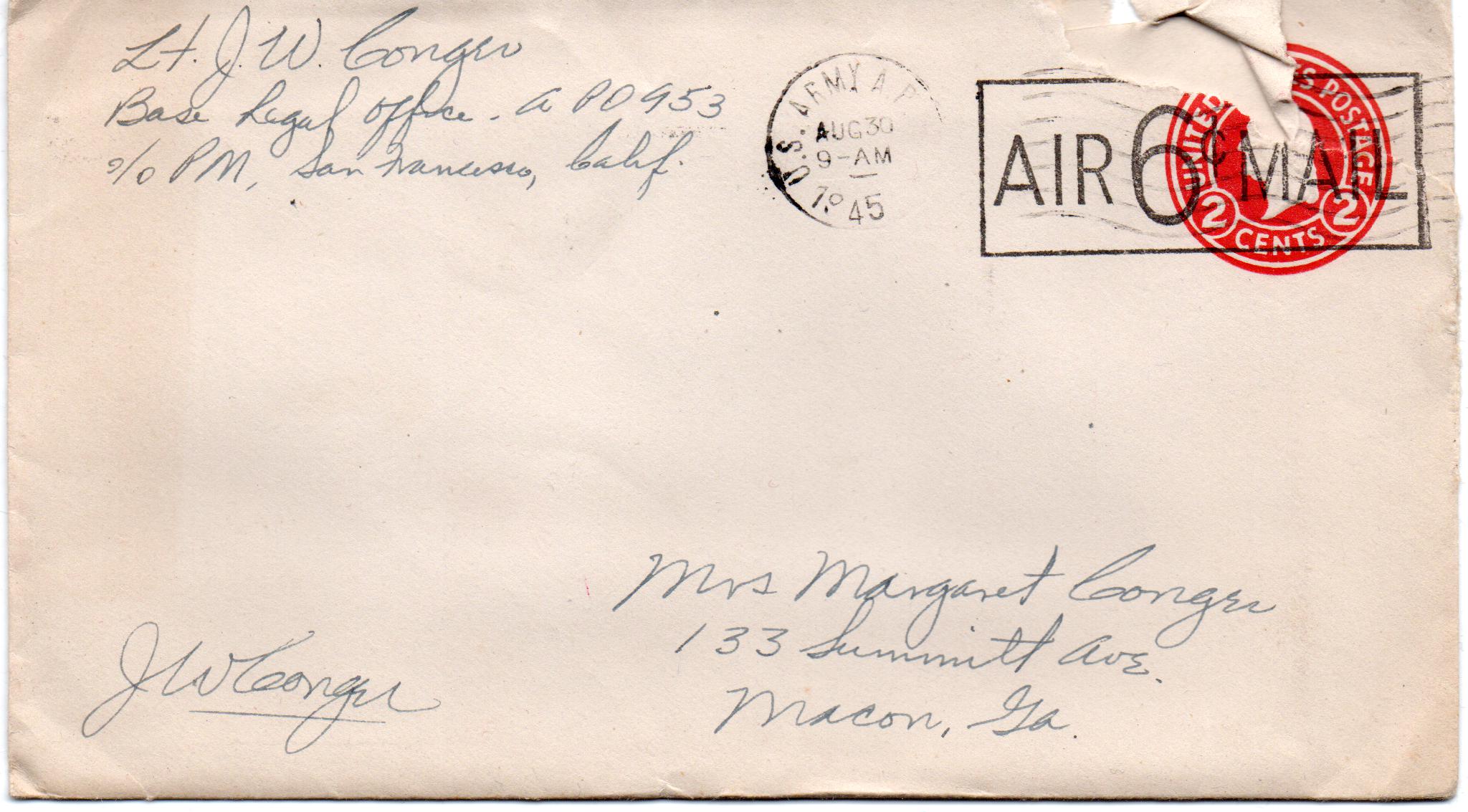 August 30, 1945: Front of envelope