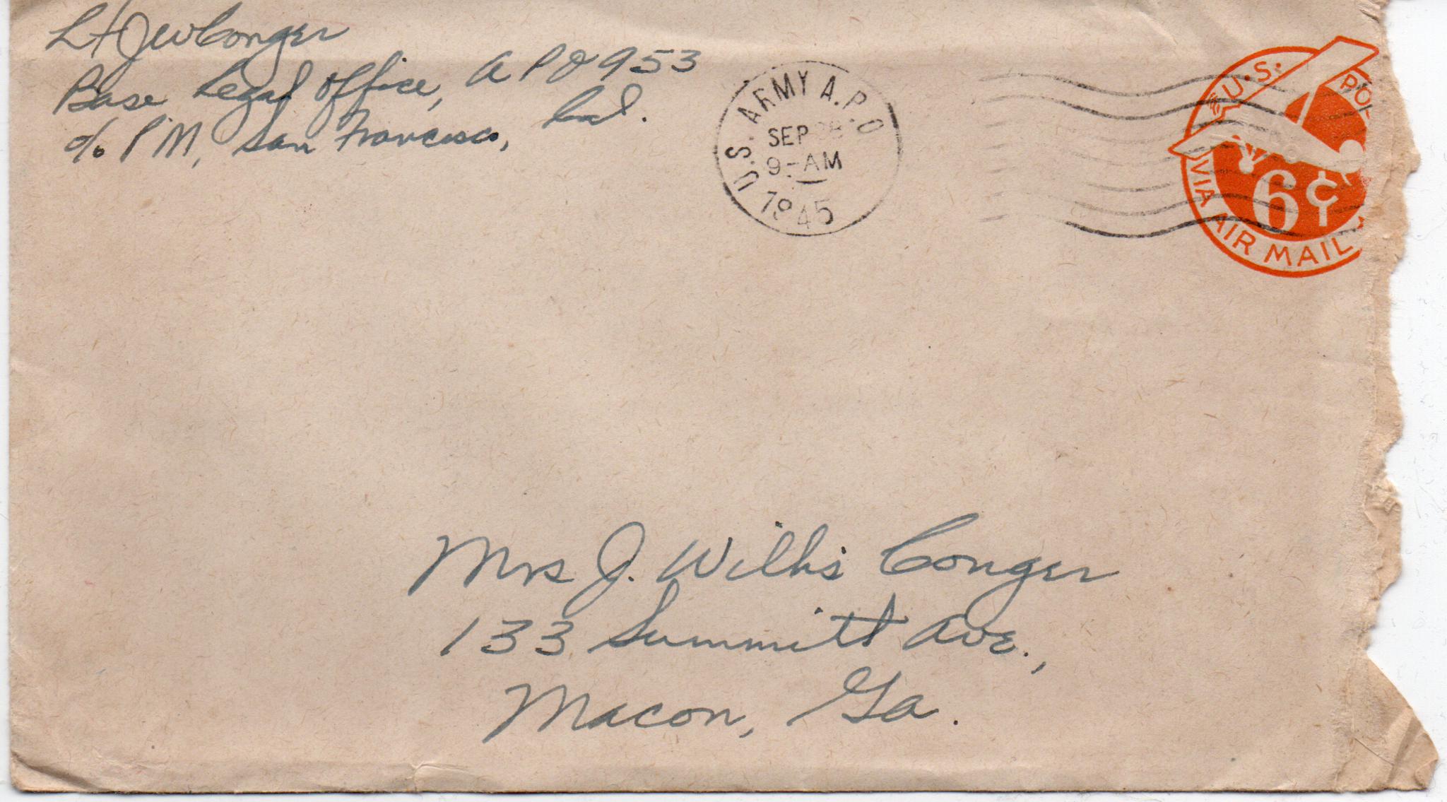 September 28, 1945: Front of envelope