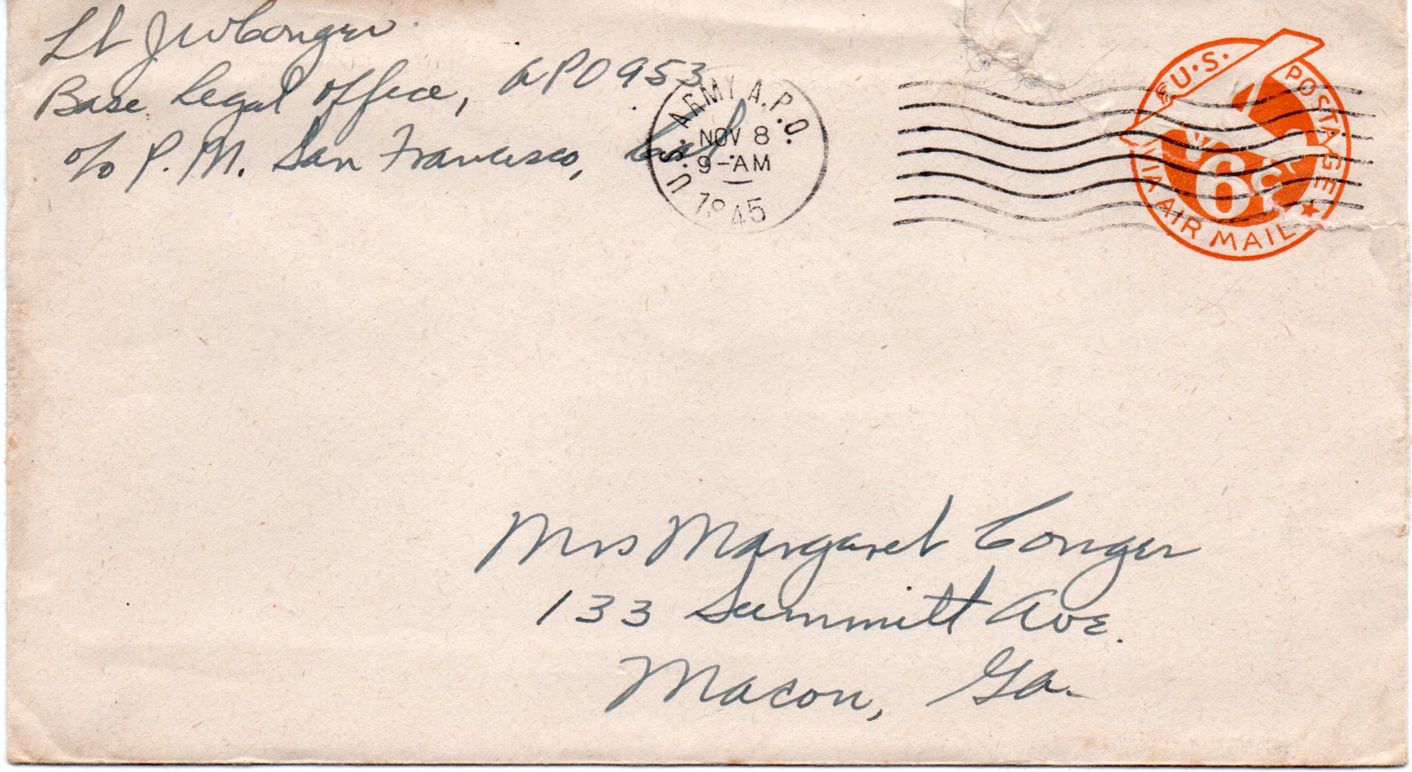 November 8, 1945: Front of envelope