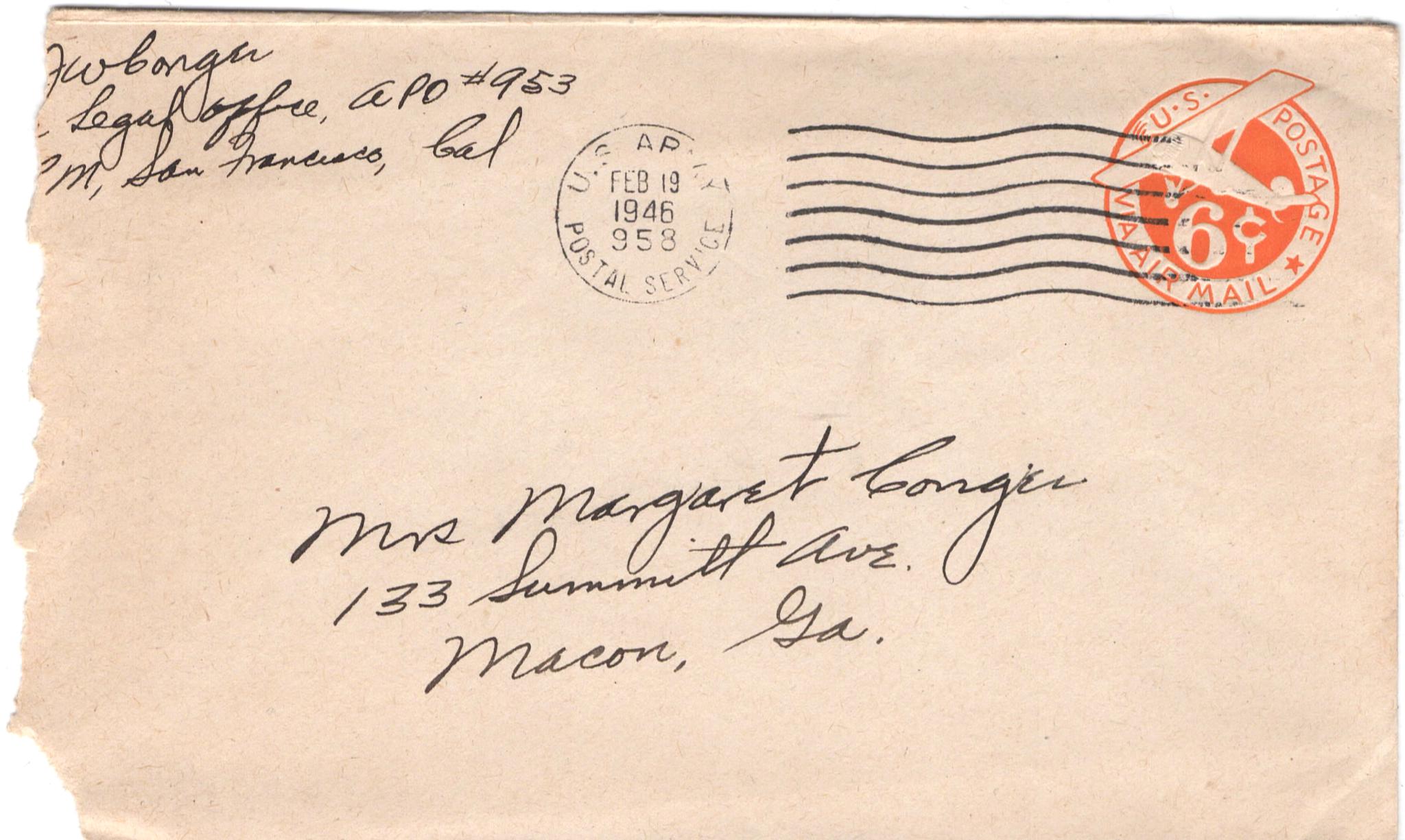 February 19, 1946: Front of envelope