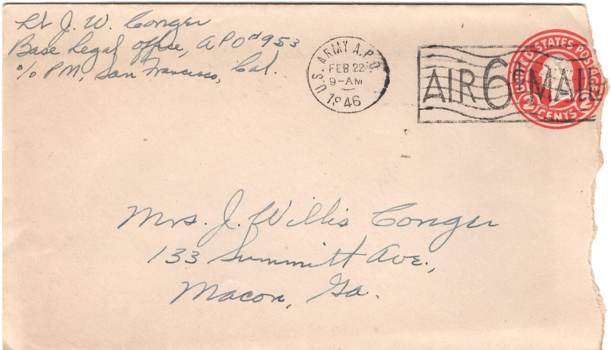 February 21, 1946: Front of envelope