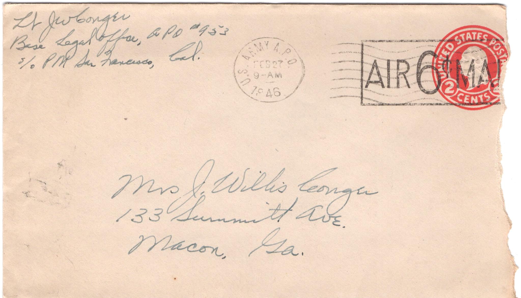 February 26, 1946: Front of envelope