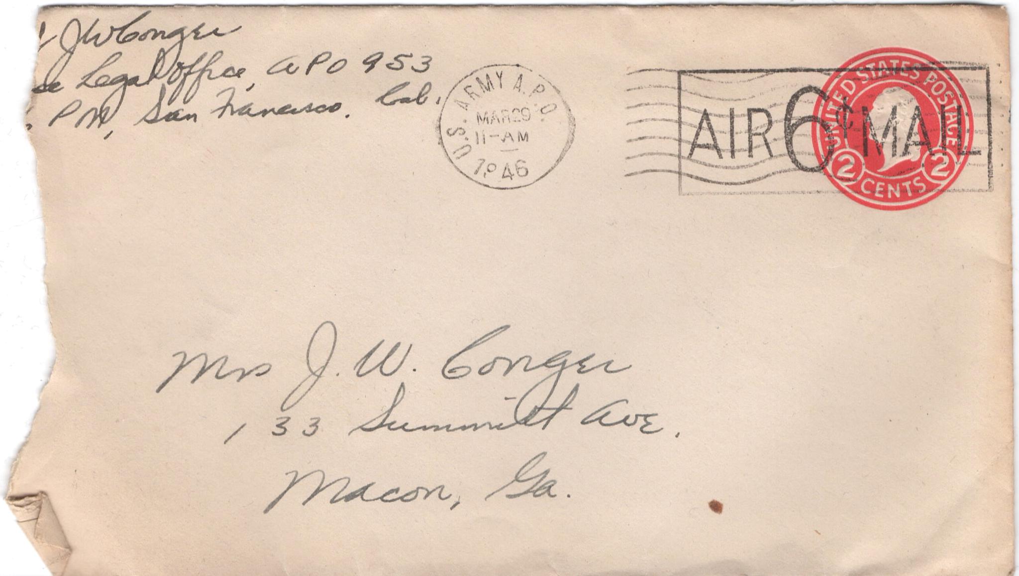 March 27, 1946: Front of envelope