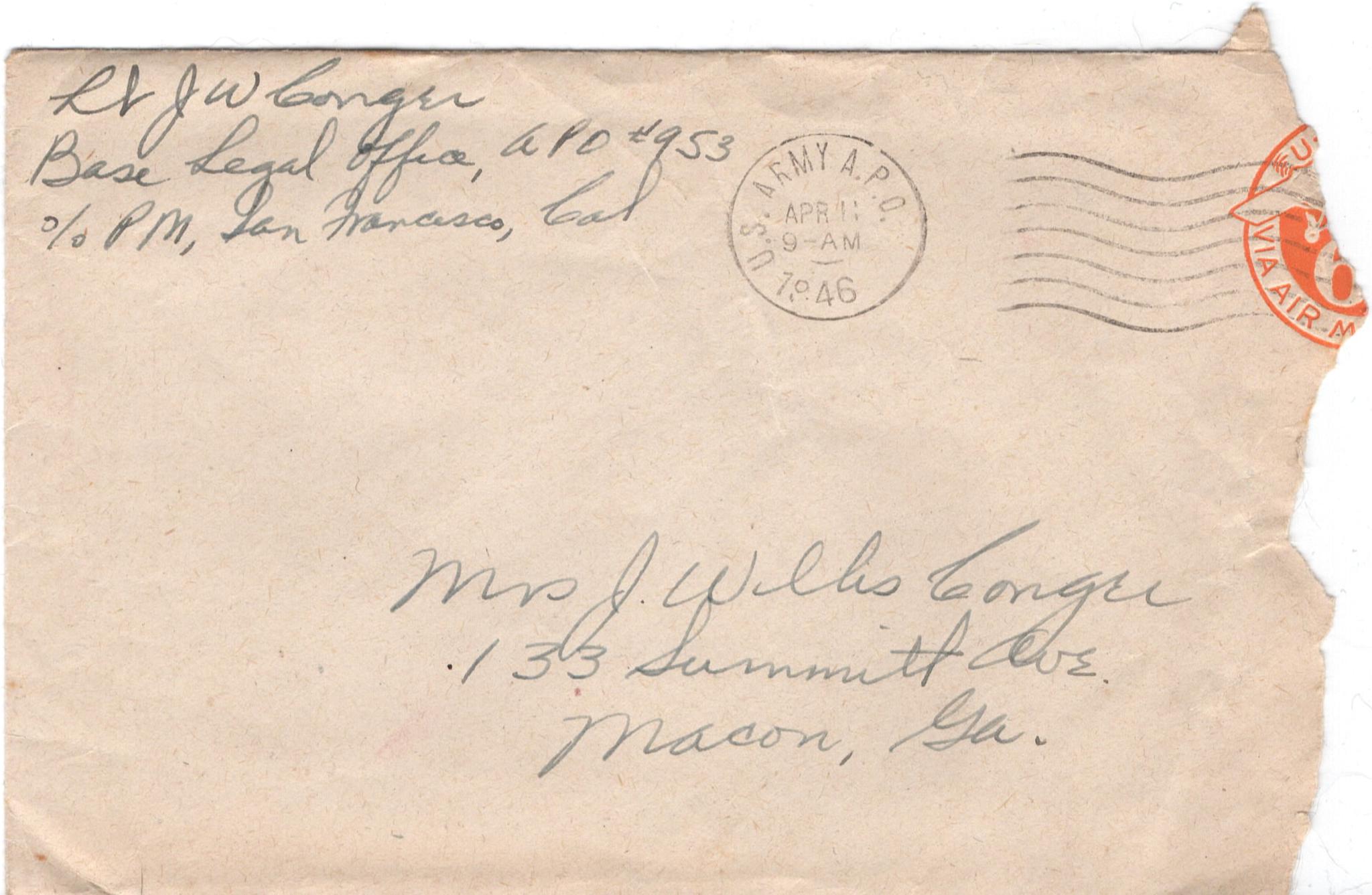 April 9, 1946: Front of envelope